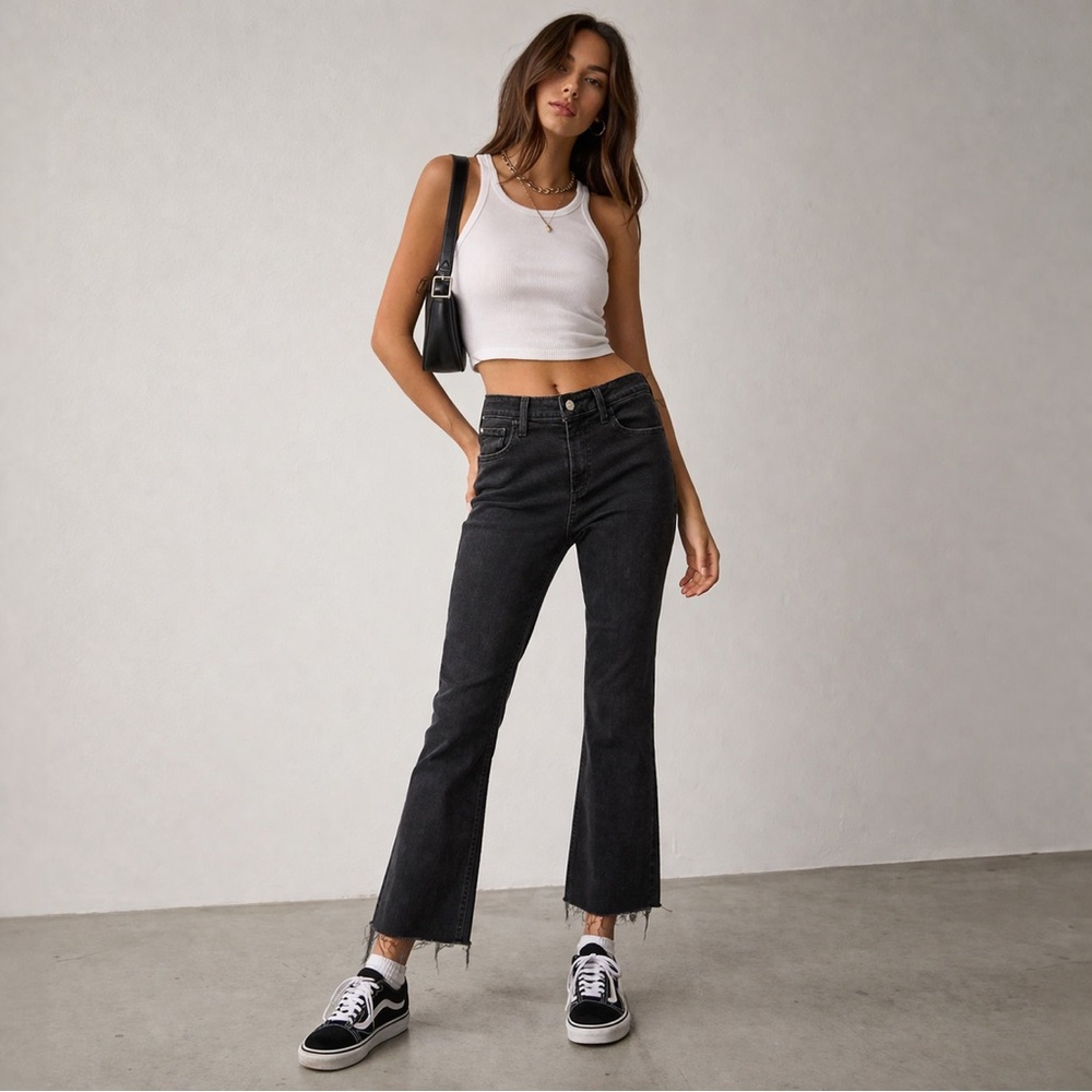 BDG Urban Outfitters High Rise Kick Flare Cropped Jeans Black Raw Hem Size 28